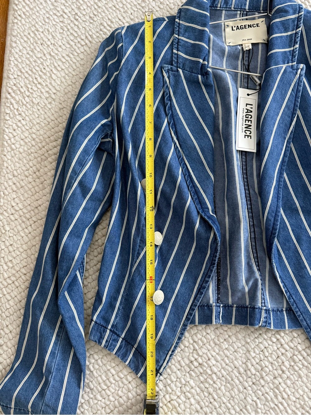 L'AGENCE Navy and White Striped Cropped Double-Breasted Blazer - Picture 6 of 10